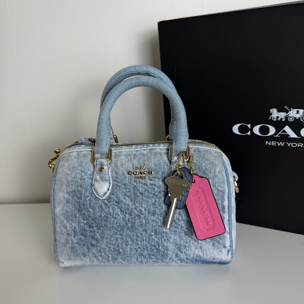 NWT Coach Mini Rowan Crossbody Bag In Loved Denim With Charms - Picture 2 of 10